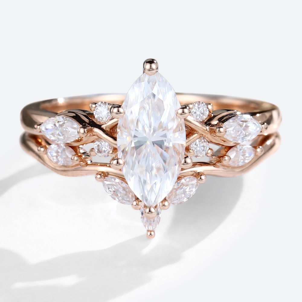 Rose Gold 1CT Marquise Cut Lab Diamond Engagement Ring Set (1)