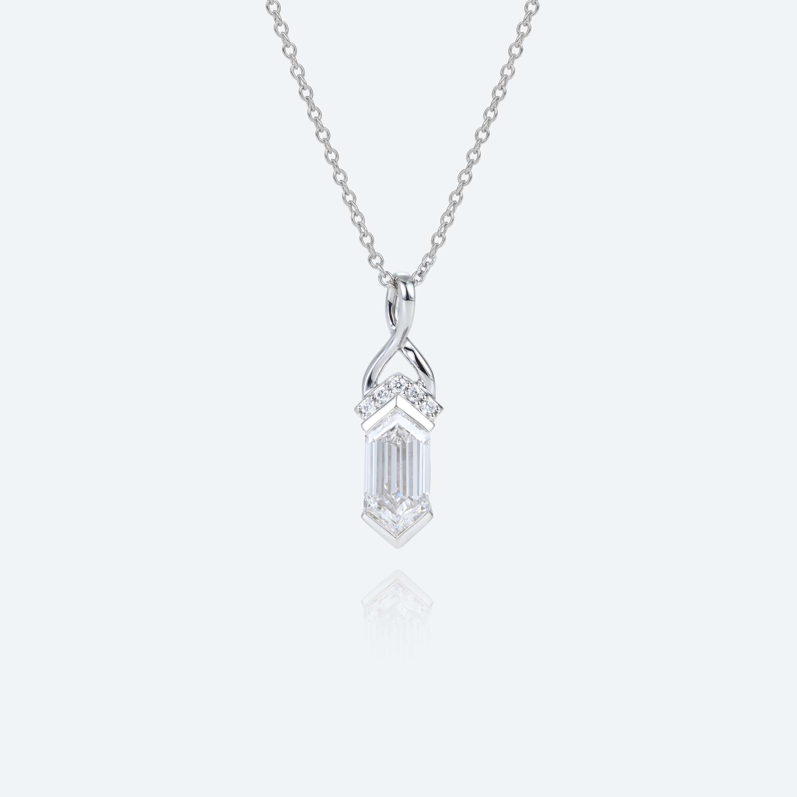 White Gold Elongated Hexagon Cut Lab Diamond Fishtail Charm Necklace