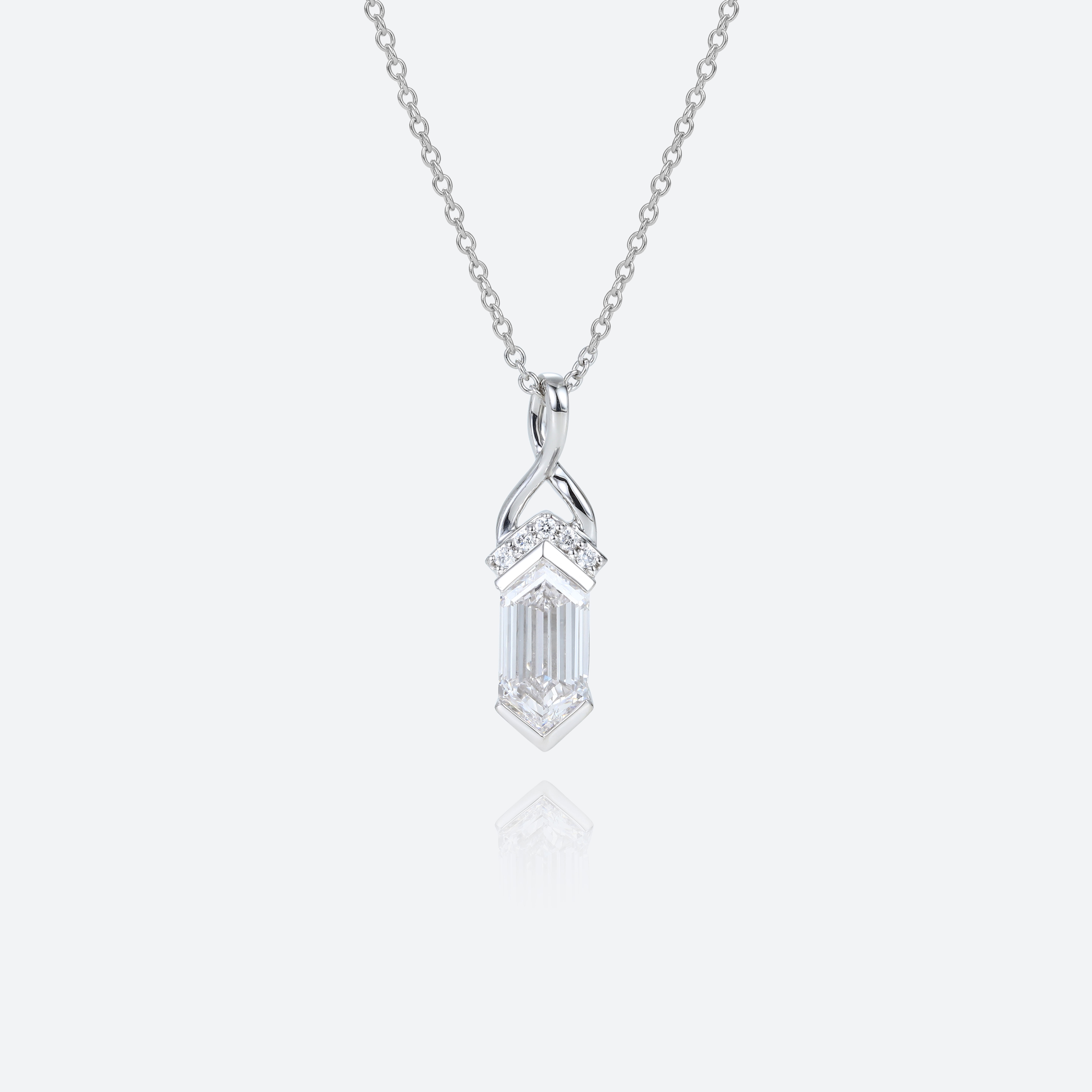 White Gold Elongated Hexagon Cut Lab Diamond Fishtail Charm Necklace