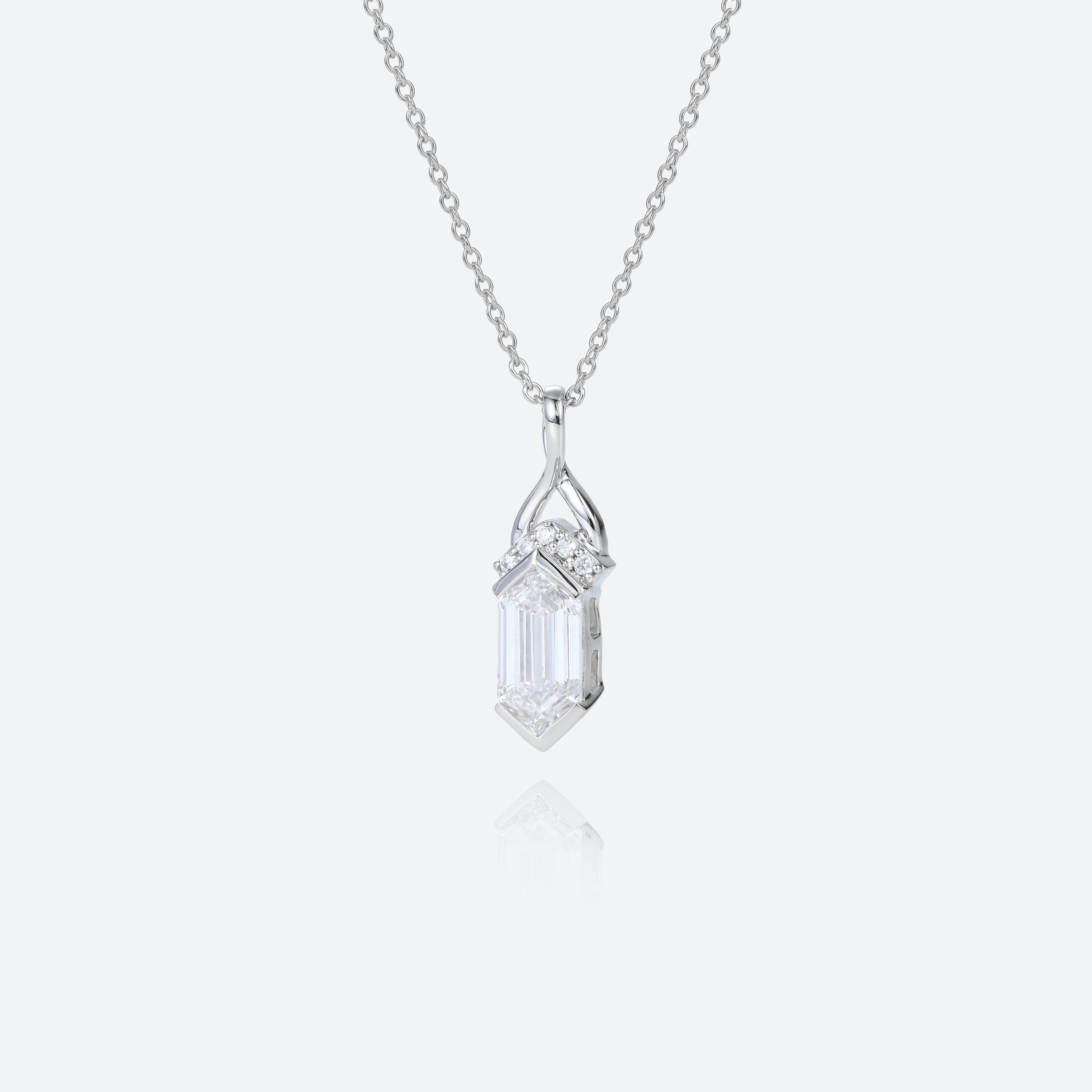 White Gold Elongated Hexagon Cut Lab Diamond Fishtail Charm Necklace
