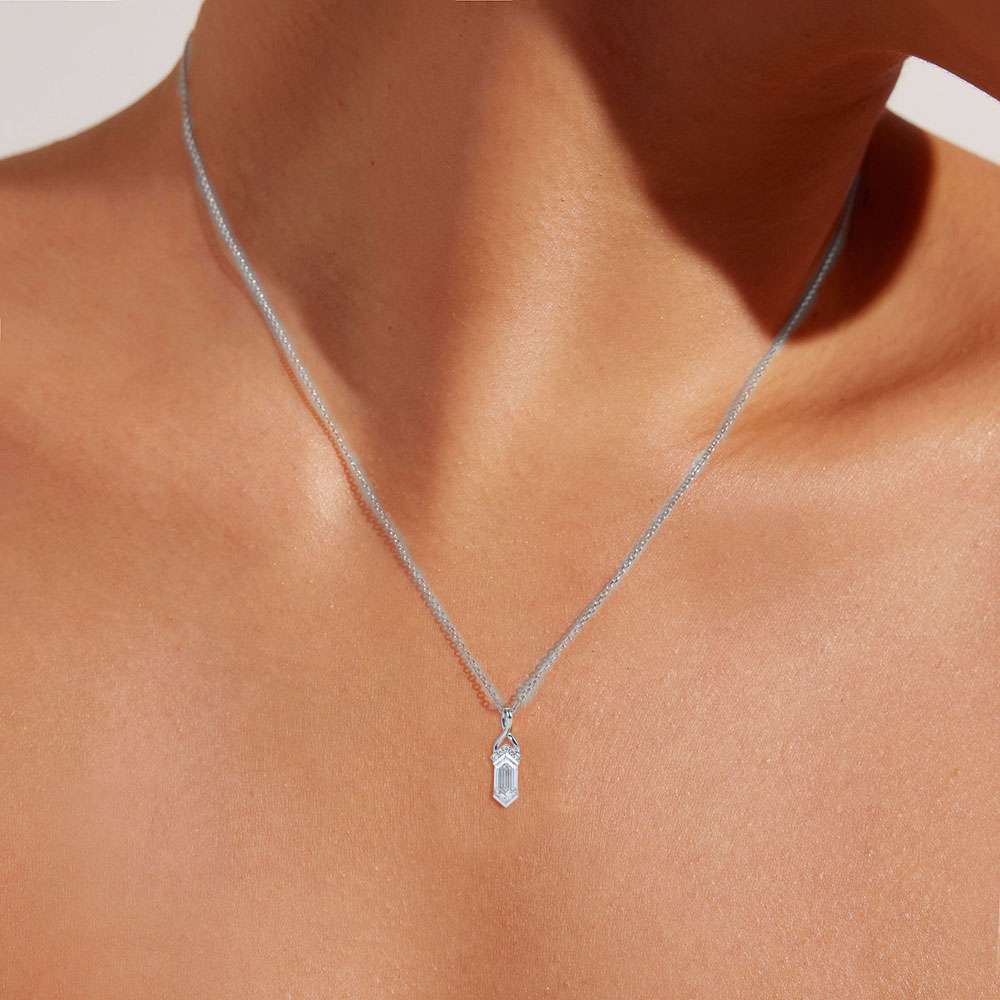Lab-Grown Diamonds - White Gold Elongated Hexagon Cut Lab Diamond Fishtail Charm Necklace