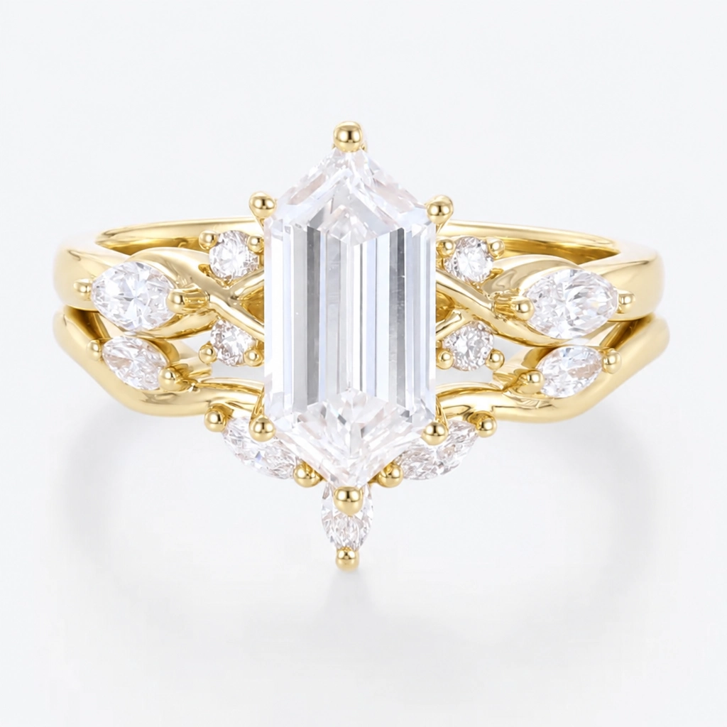 1.5ct Elongated Hexagon Cut Lab Grown Diamond Winged Marquise Cluster Bridal Ring Set in Rose Gold
