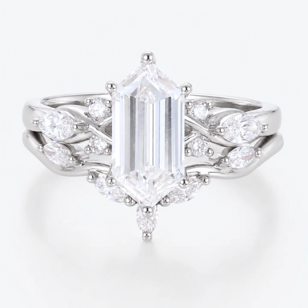 1.5ct Elongated Hexagon Cut Lab Grown Diamond Winged Marquise Cluster Bridal Ring Set in Rose Gold