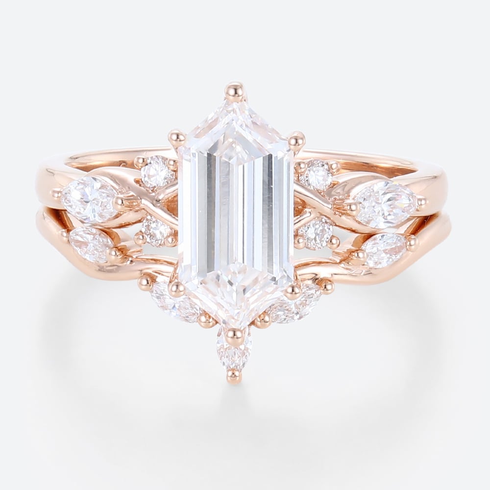 Rose Gold Elongated Hexagon Cut Lab Grown Diamond Engagement Ring Set