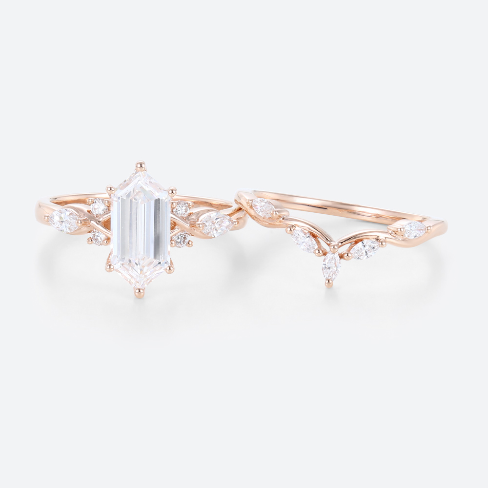 Rose Gold Elongated Hexagon Cut Lab Grown Diamond Engagement Ring Set