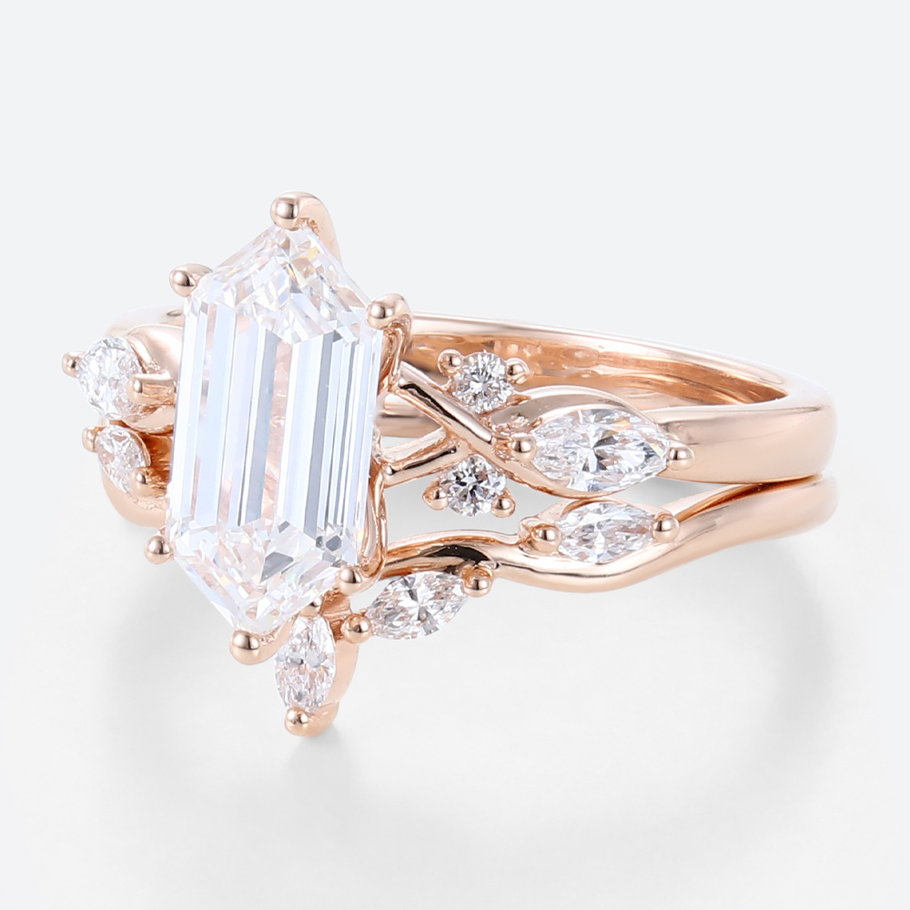 Rose Gold Elongated Hexagon Cut Lab Grown Diamond Engagement Ring Set