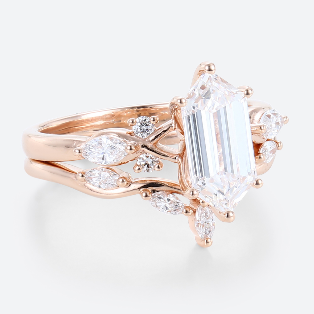 Rose Gold Elongated Hexagon Cut Lab Grown Diamond Engagement Ring Set