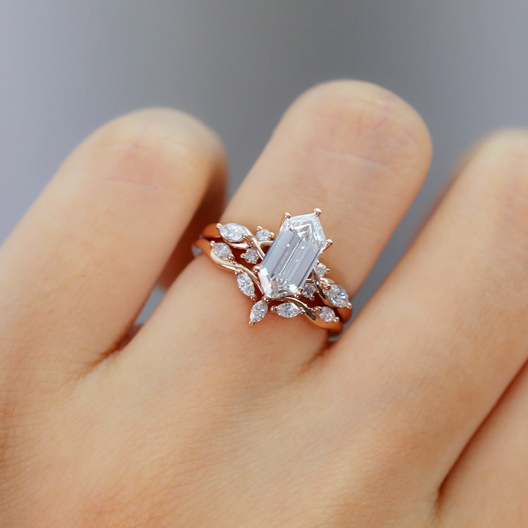 Rose Gold Elongated Hexagon Cut Lab Grown Diamond Engagement Ring Set