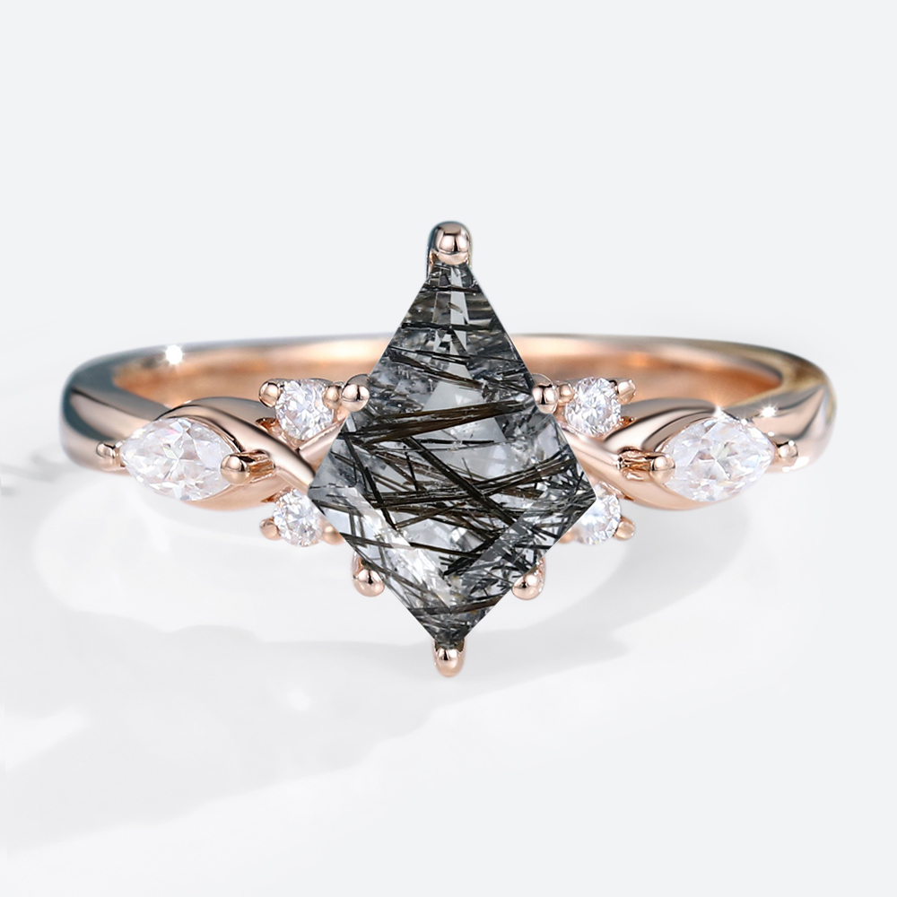Oval Cut Black Rutilated Quartz Diamond Side Stone Engagement Ring