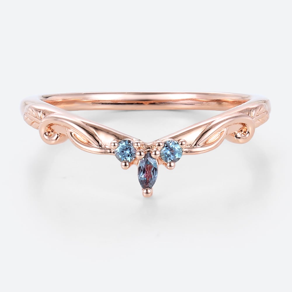 Alexandrite Wedding Rings Curved Band Rose Gold Stack Rings