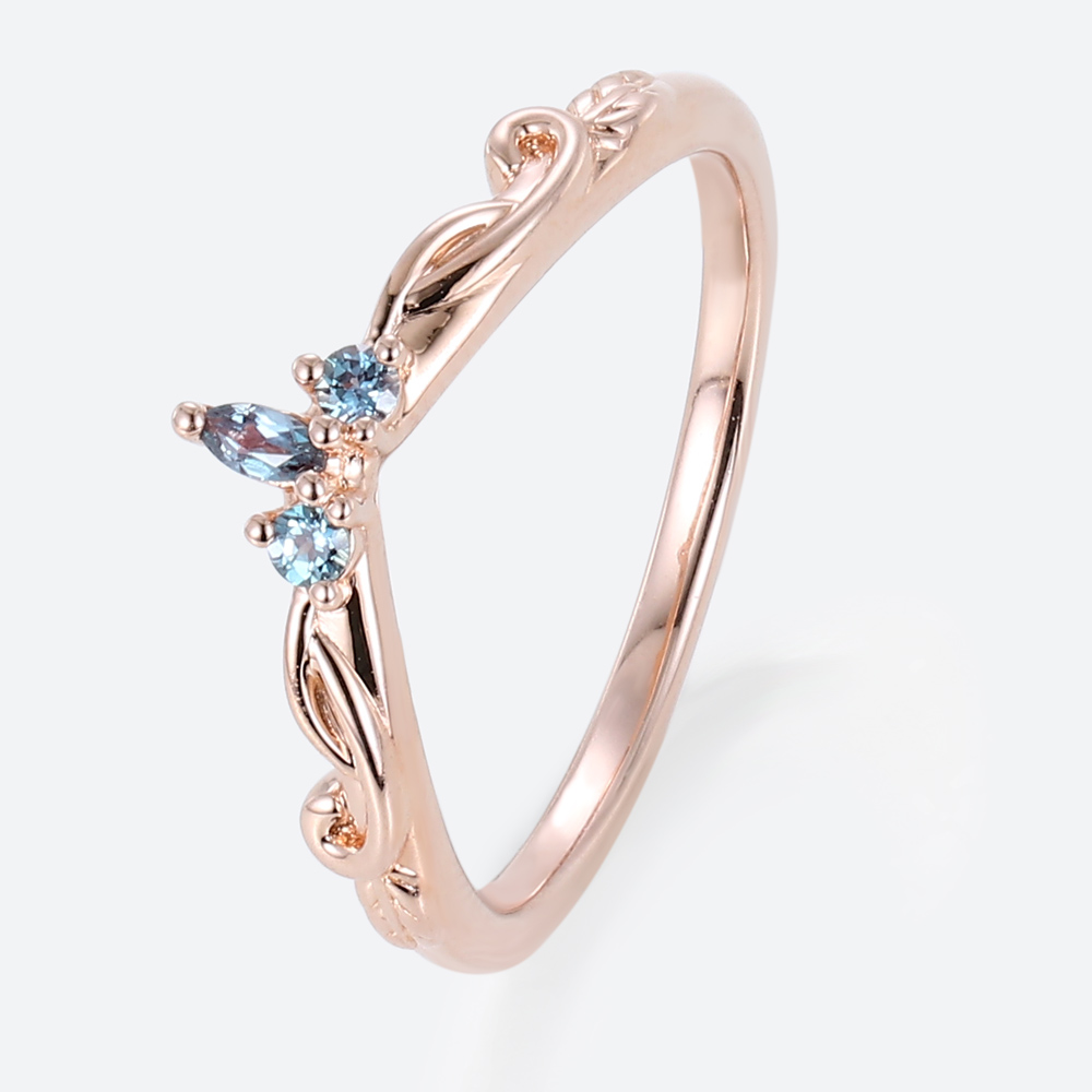 Alexandrite Wedding Rings Curved Band Rose Gold Stack Rings