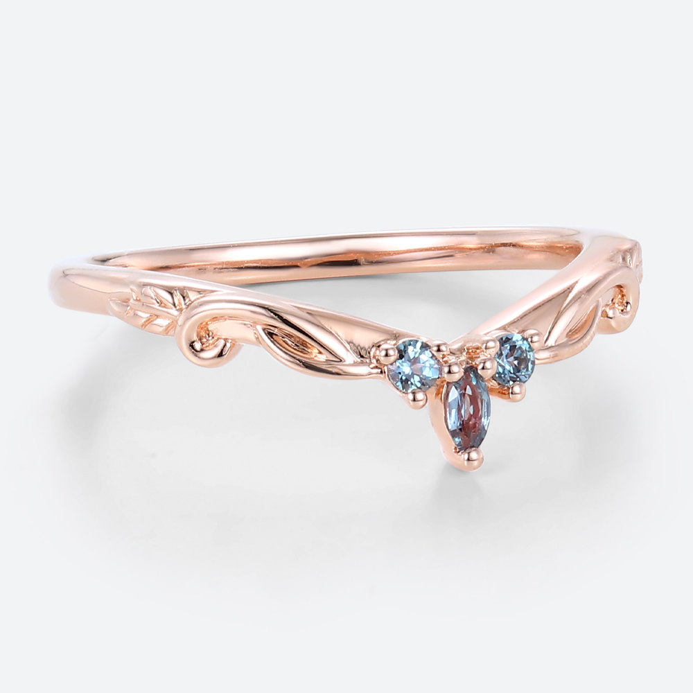 Alexandrite Wedding Rings Curved Band Rose Gold Stack Rings