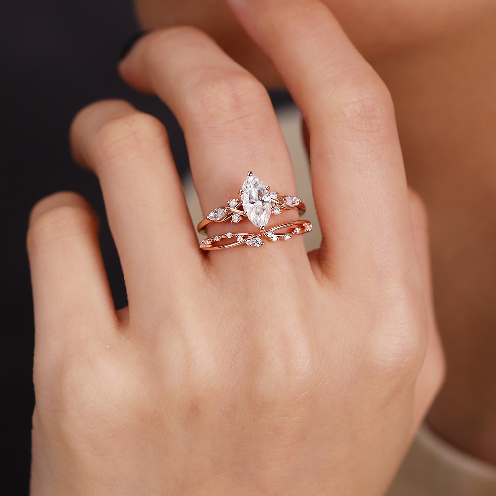 Rose Gold Marquise Cut Lab Grown Diamond Cluster Engagement Rings Set Elegant Thin Band (3)