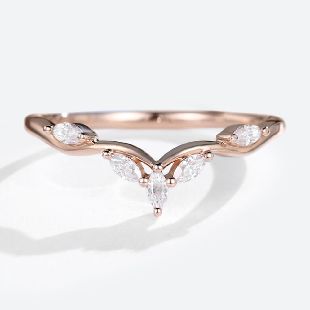 Rose Gold Marquise Cut Moissanite Curved Wedding Band Stacked Wedding Rings (1)