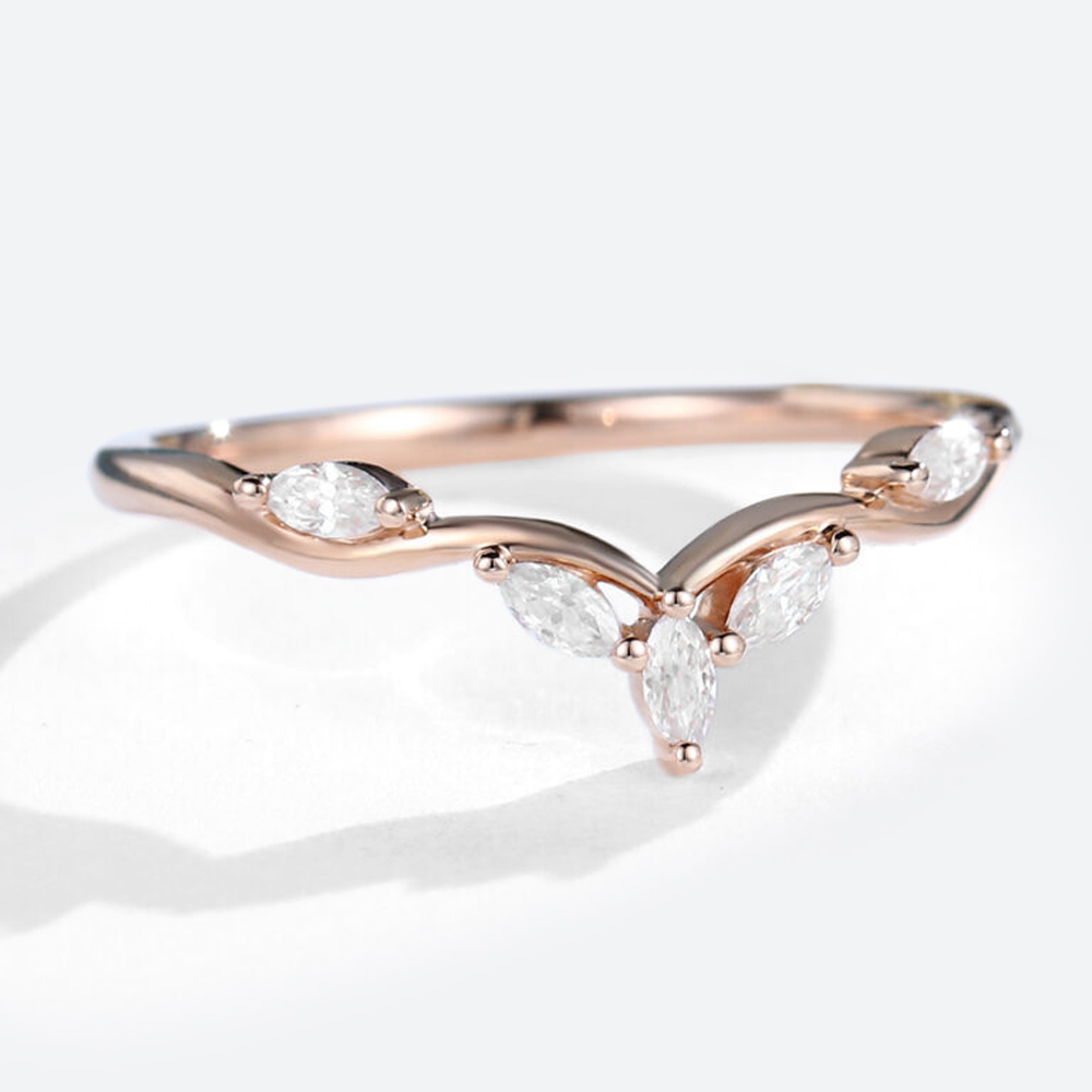 Rose Gold Marquise Cut Moissanite Curved Wedding Band Stacked Wedding Rings (3)