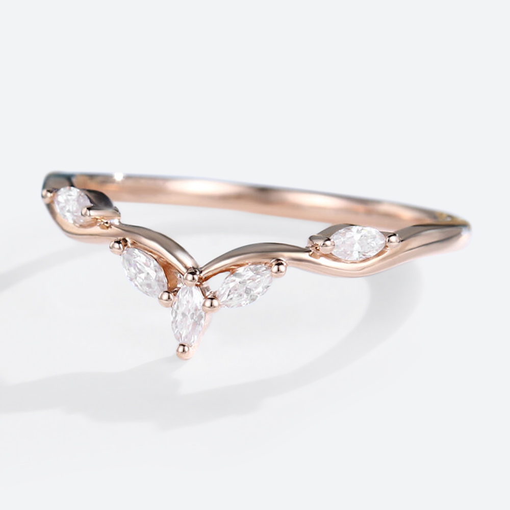 Rose Gold Marquise Cut Moissanite Curved Wedding Band Stacked Wedding Rings (4)