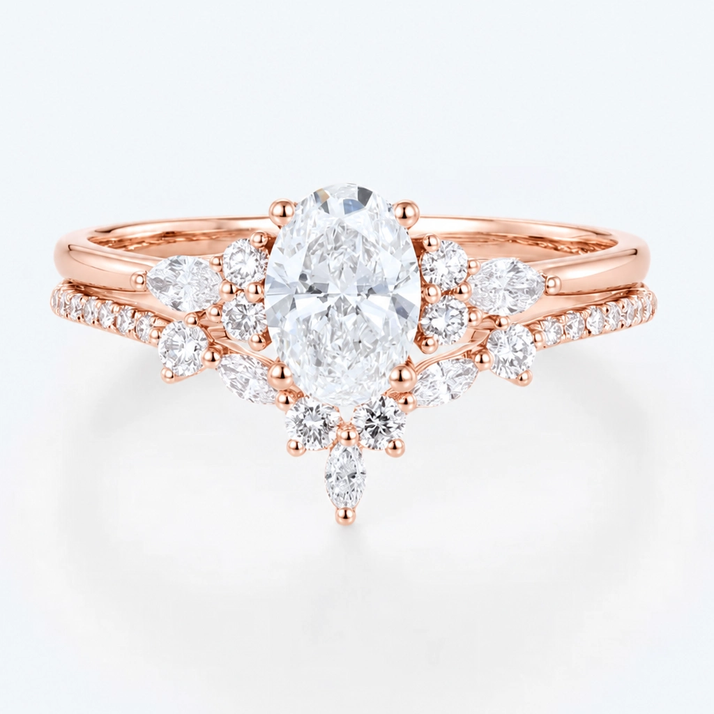 1.5ct Oval Cut Lab Grown Diamond Marquise Accent Bridal Ring Set with Twisted Curved Band in White Gold