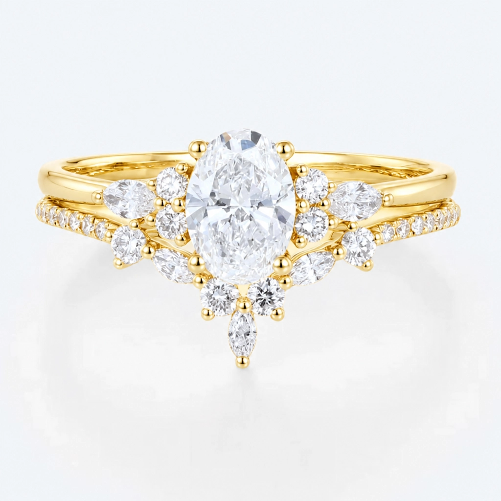 1.5ct Oval Cut Lab Grown Diamond Marquise Accent Bridal Ring Set with Twisted Curved Band in White Gold