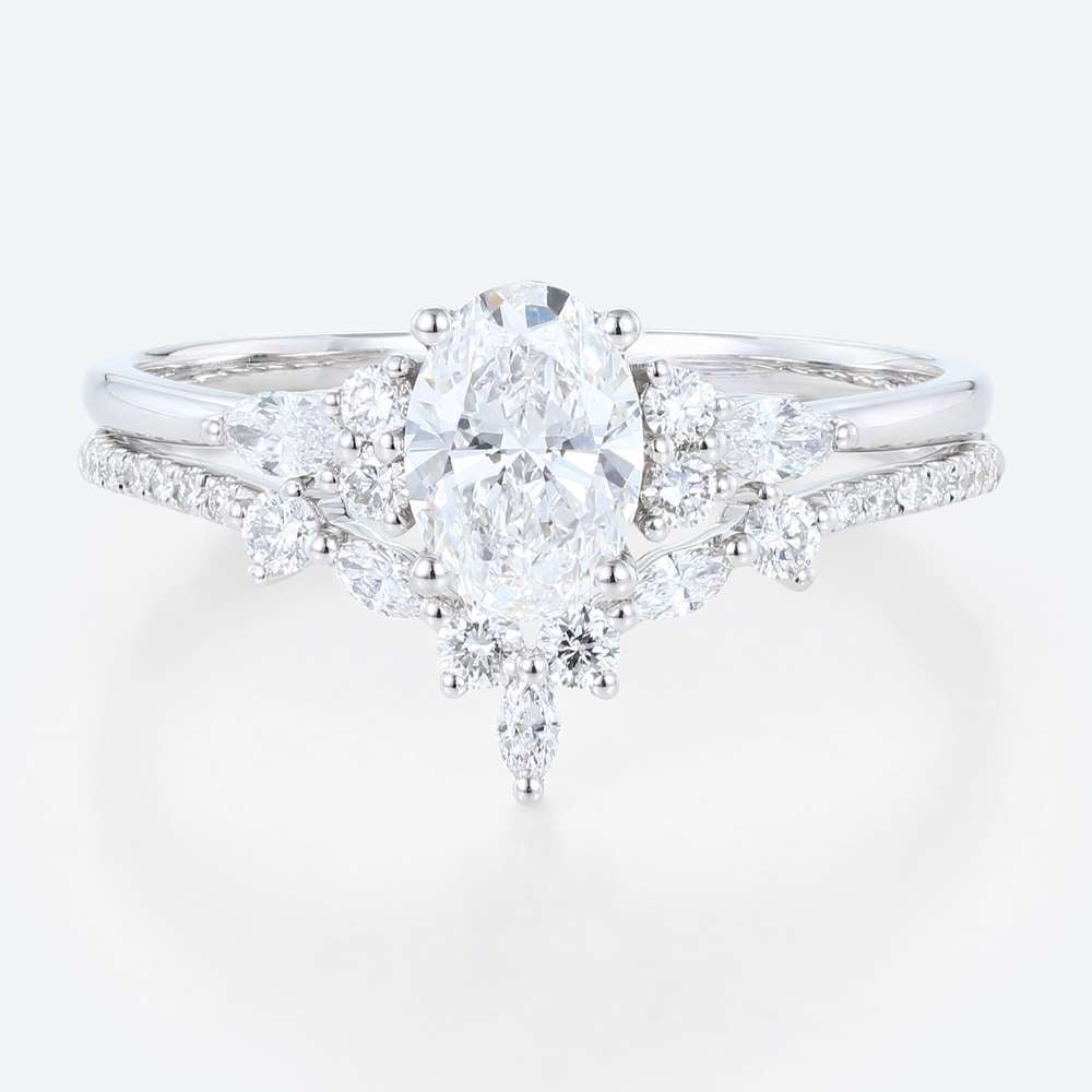 White Gold Oval Lab Diamond Engagement Ring Set Curved Ring