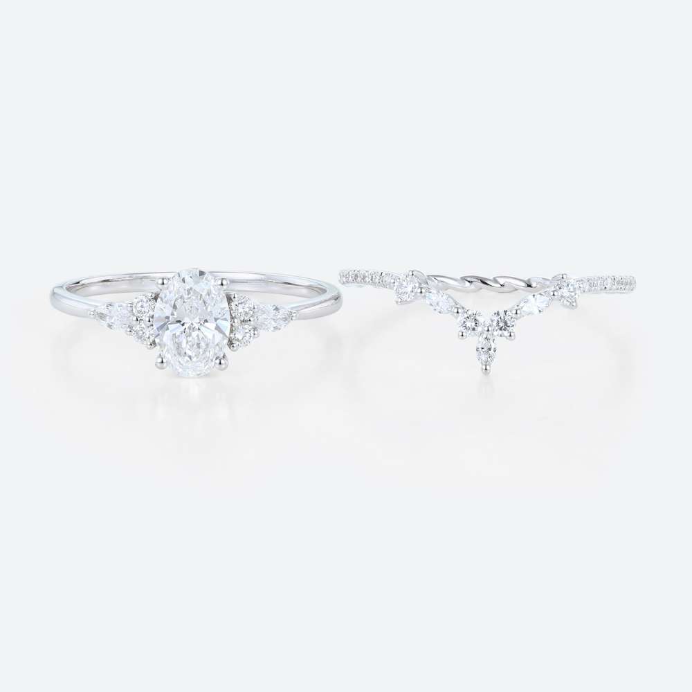 White Gold Oval Lab Diamond Engagement Ring Set Curved Ring