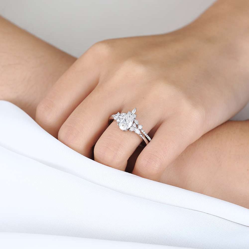 White Gold Oval Lab Diamond Engagement Ring Set Curved Ring