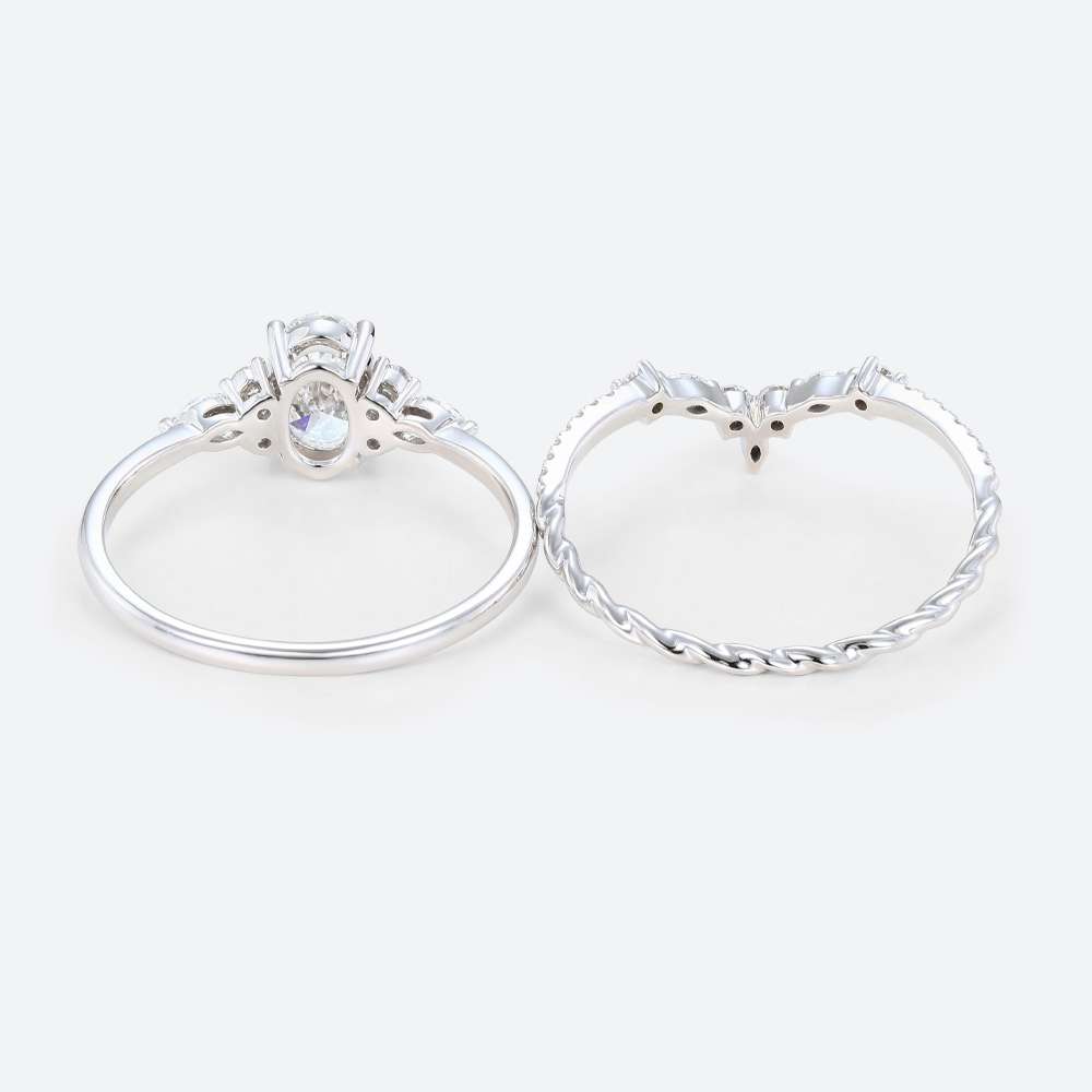 White Gold Oval Lab Diamond Engagement Ring Set Curved Ring
