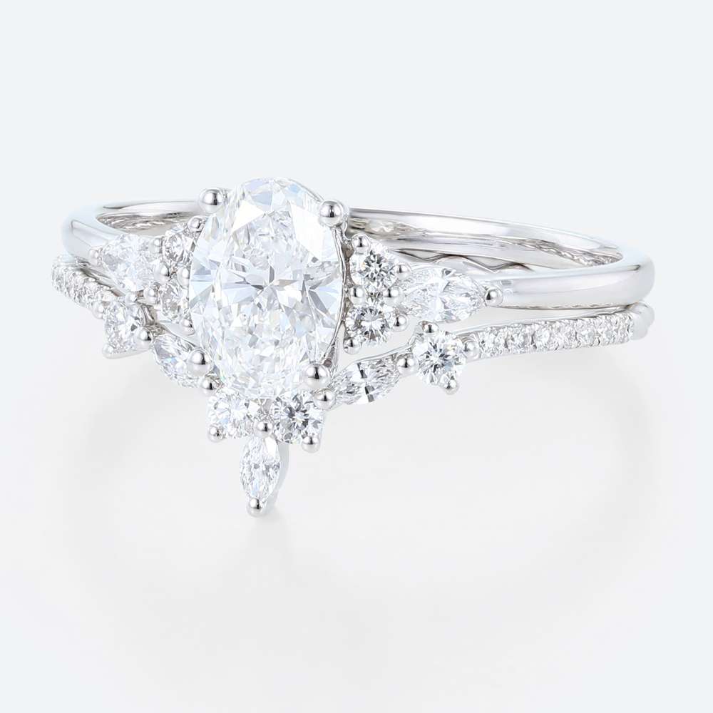 White Gold Oval Lab Diamond Engagement Ring Set Curved Ring