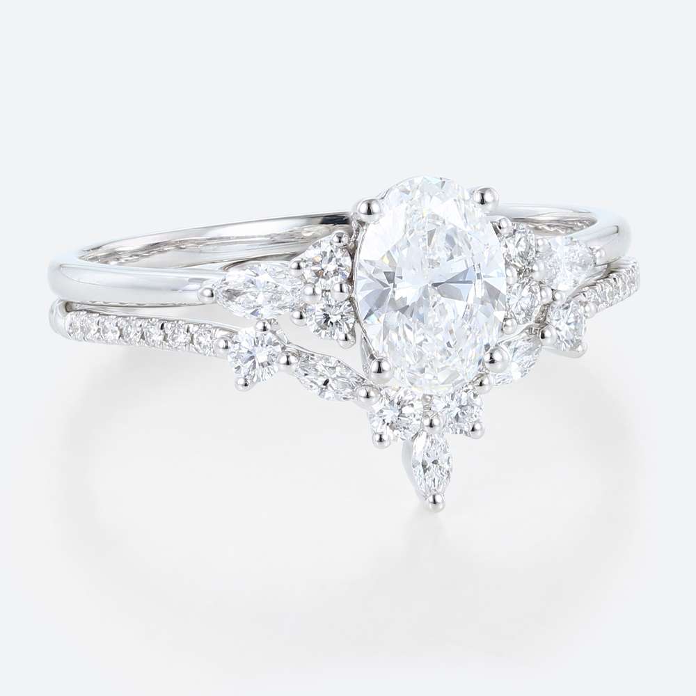 White Gold Oval Lab Diamond Engagement Ring Set Curved Ring