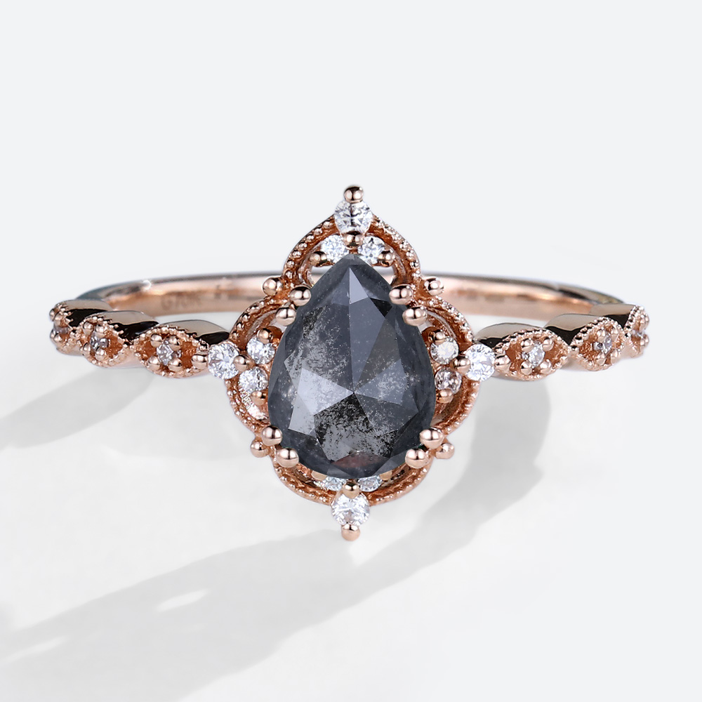 Pear Engagement Rings Salt and Pepper Diamond Art Deco Ring