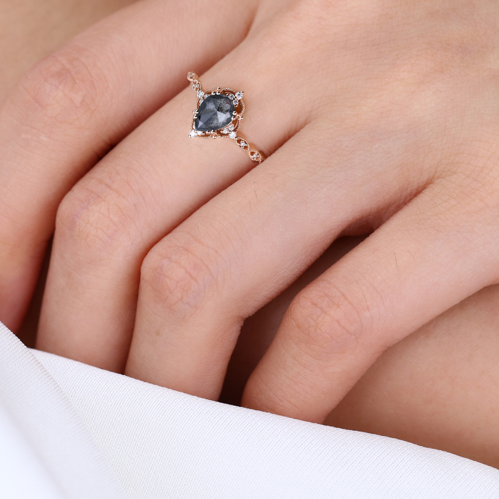 Pear Engagement Rings Salt and Pepper Diamond Art Deco Ring