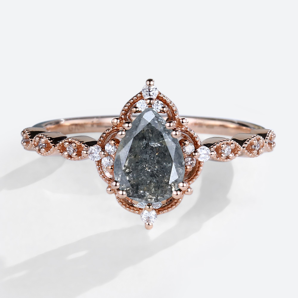 Rose Gold Pear Cut Salt &amp; Pepper Diamond Engagement Ring Anniversary Ring (1)