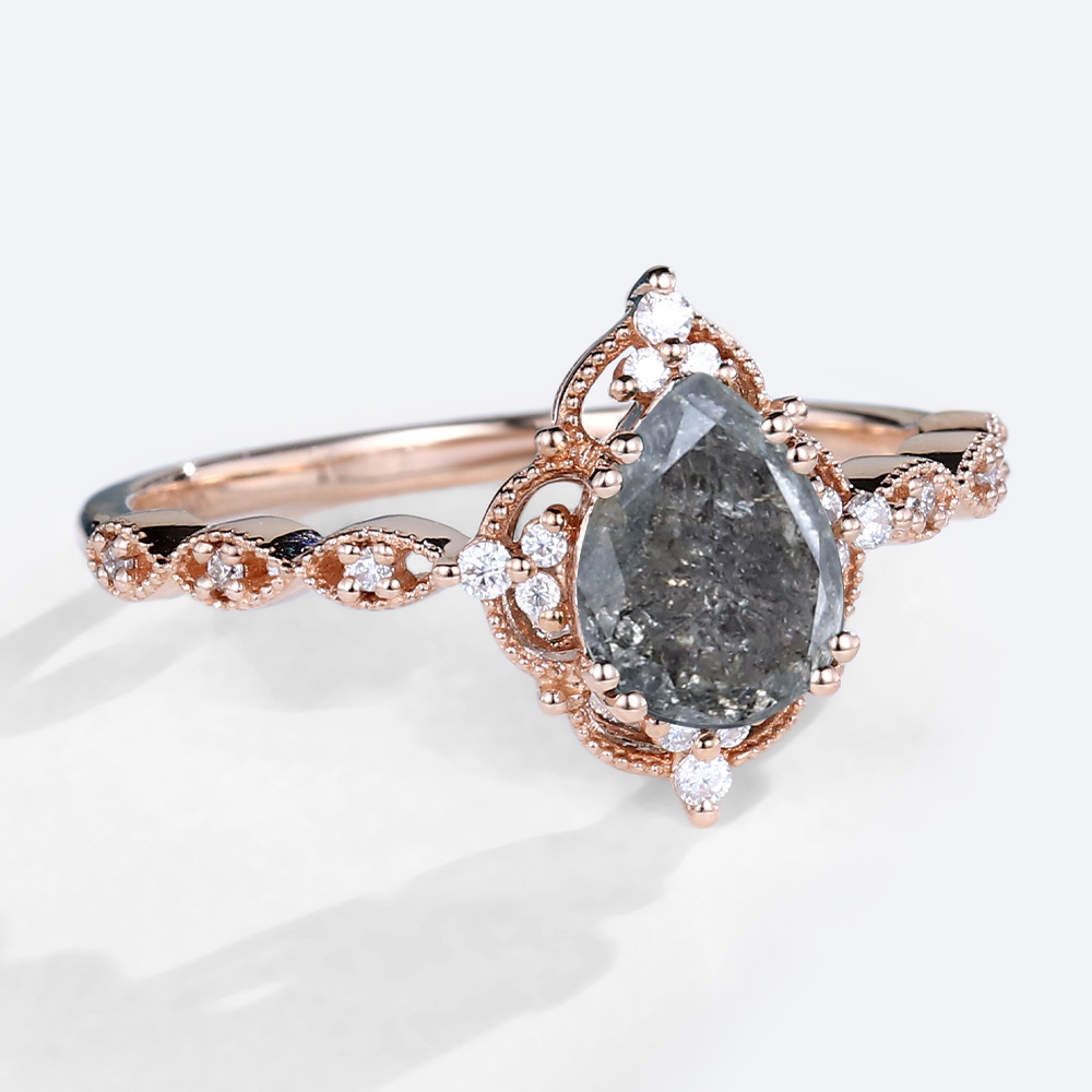 Rose Gold Pear Cut Salt &amp; Pepper Diamond Engagement Ring Anniversary Ring (2)