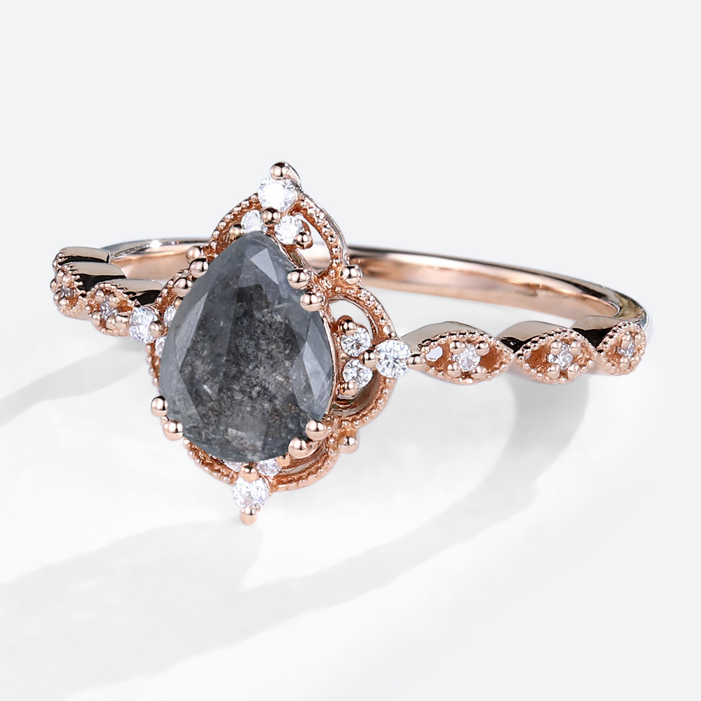 Rose Gold Pear Cut Salt &amp; Pepper Diamond Engagement Ring Anniversary Ring (3)