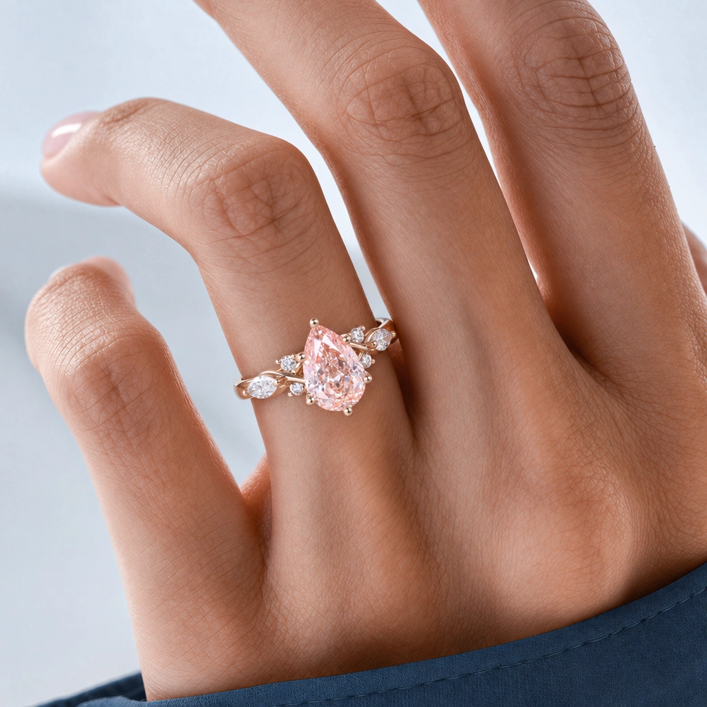 1.5ct Pear Cut Lab Grown Pink Diamond Winged Marquise Cluster Engagement Ring in Rose Gold