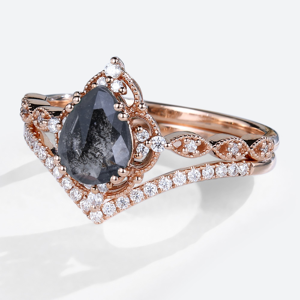 Salt & Pepper Diamond Rings Set Art Deco Engagement Ring