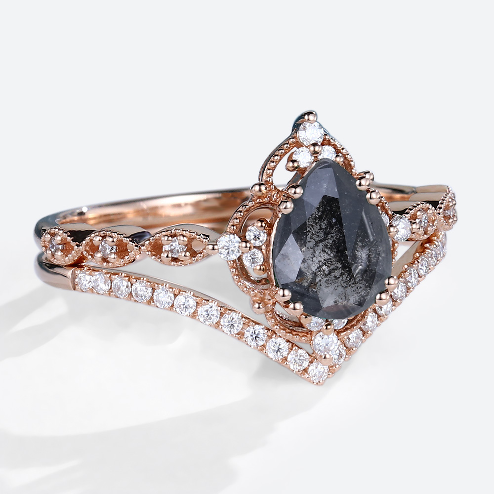 Salt & Pepper Diamond Rings Set Art Deco Engagement Ring