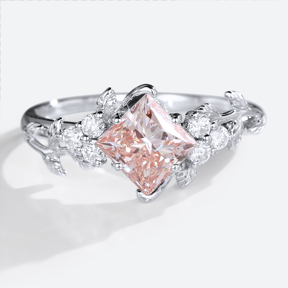 White Gold 1.5ct Pink Diamond Ring Princess Cut Lab Diamond Vine Ring