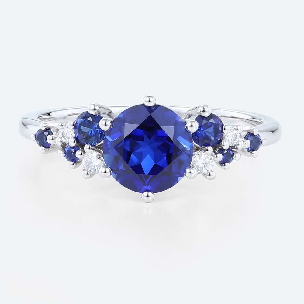 White Gold Cluster Round Cut Lab Sapphire Engagement Rings