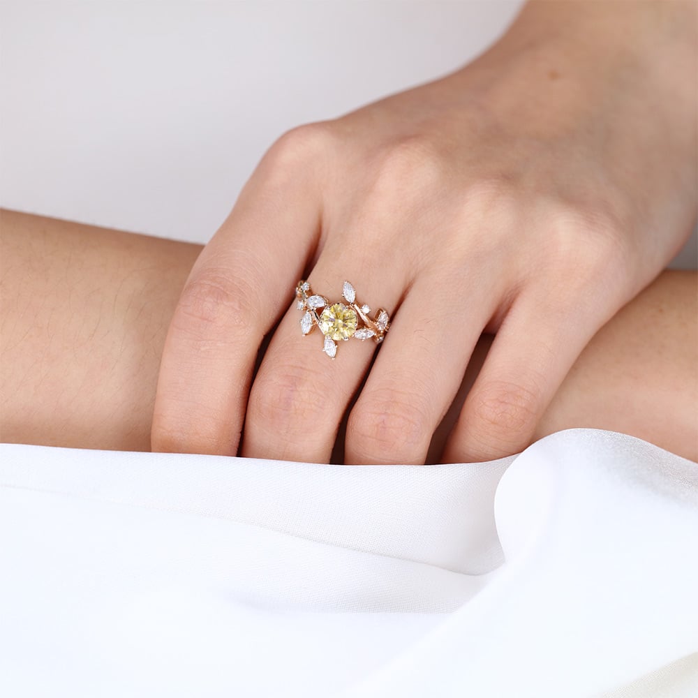 Yellow Diamond Engagement Rings 1ct Round Cut Lab Diamond Ring in Rose Gold