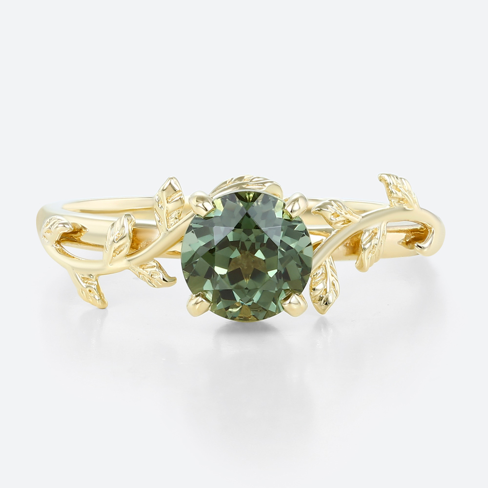 Solitaire Green Sapphire Ring Round Cut Nature-Inspired Bridal Ring in Yellow Gold