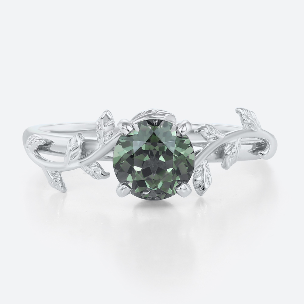 Solitaire Green Sapphire Ring Round Cut Nature-Inspired Bridal Ring in White Gold