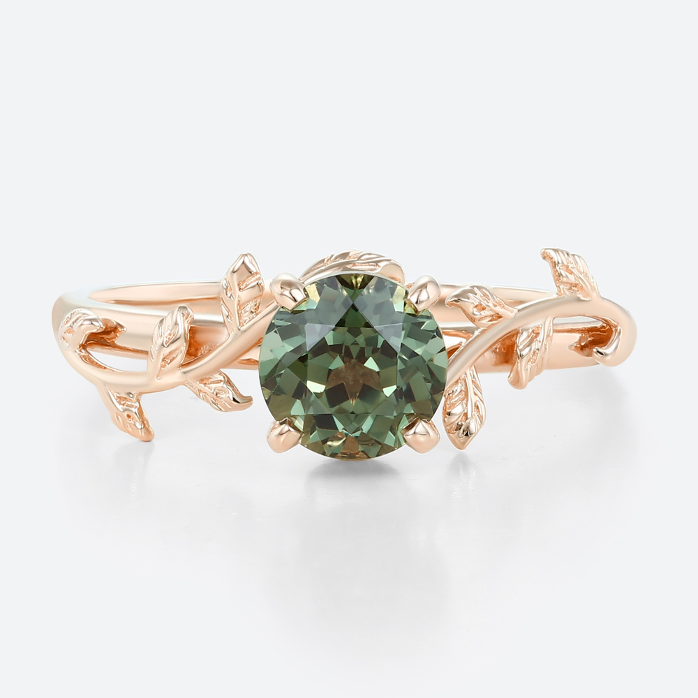 Solitaire Green Sapphire Ring Round Cut Nature-Inspired Bridal Ring in Rose Gold