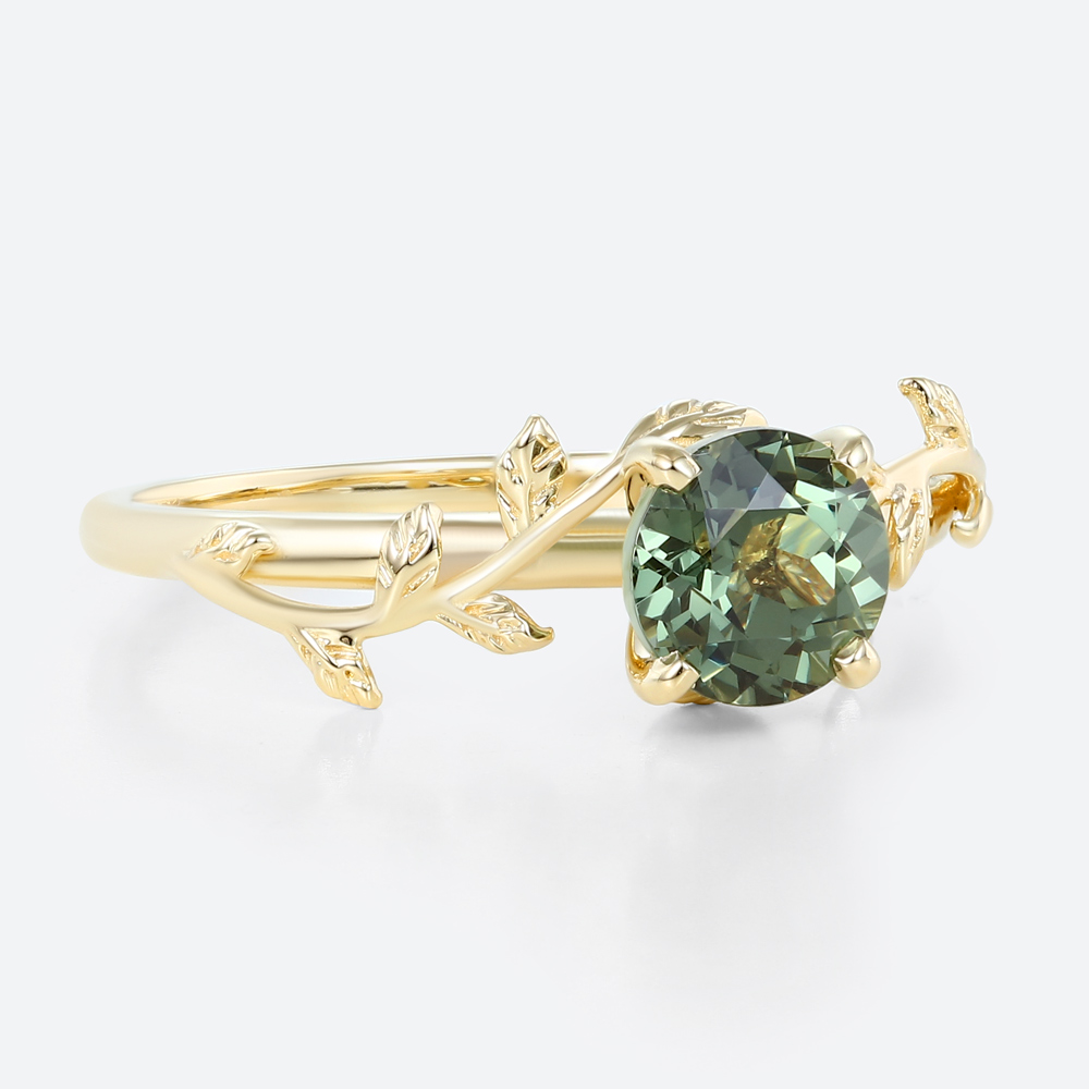 Solitaire Green Sapphire Ring Round Cut Nature-Inspired Bridal Ring in Yellow Gold