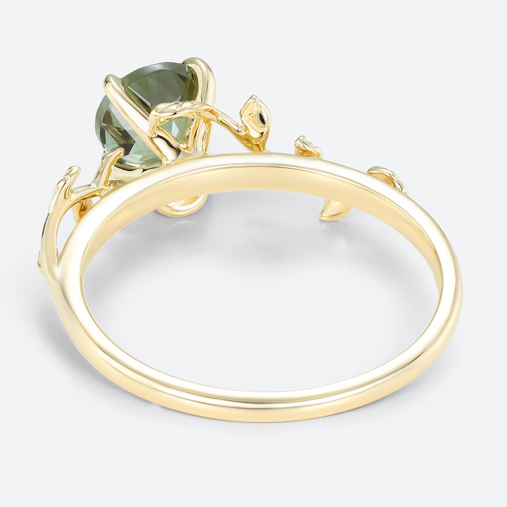 Solitaire Green Sapphire Ring Round Cut Nature-Inspired Bridal Ring in Yellow Gold