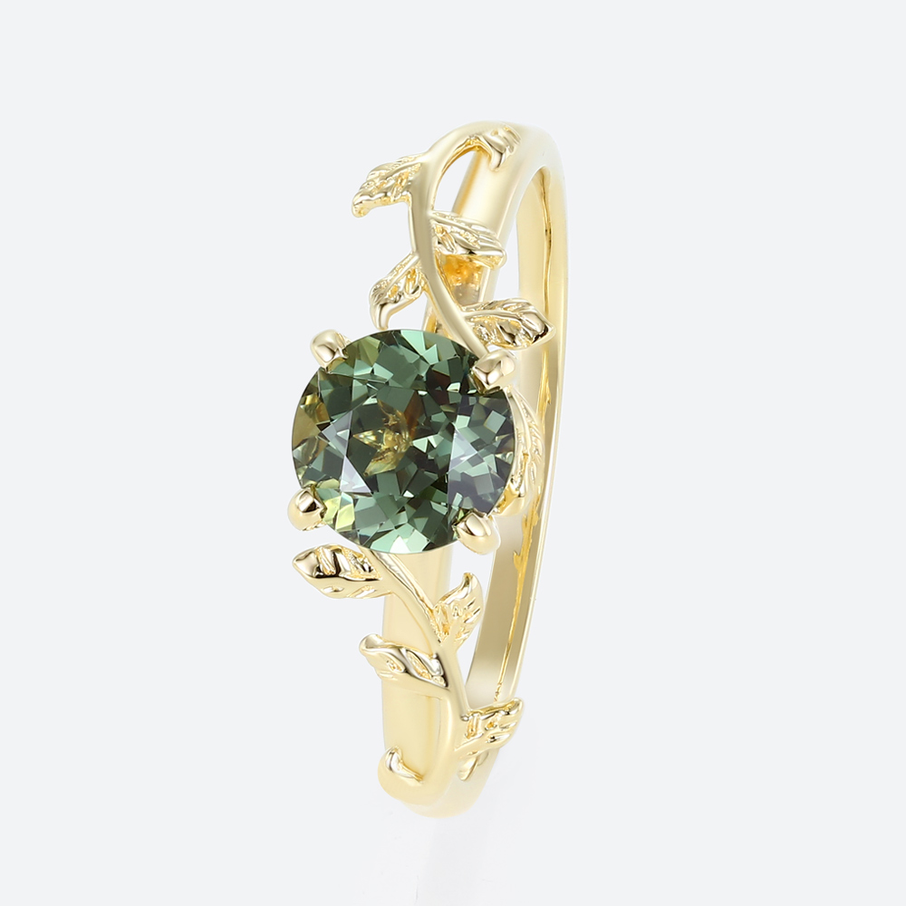 Solitaire Green Sapphire Ring Round Cut Nature-Inspired Bridal Ring in Yellow Gold