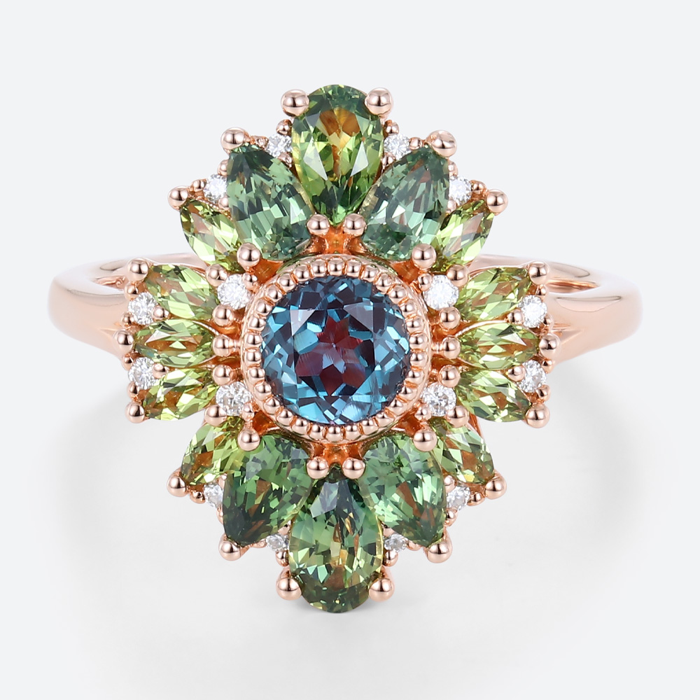 Multi Gemstone Flower Ring Rose Gold Alexandrite Birthstone Rings