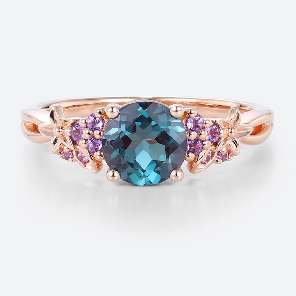 1.4ct Round Cut Lab Alexandrite Ring​ Amethyst Cluster Blossom Bridal Ring