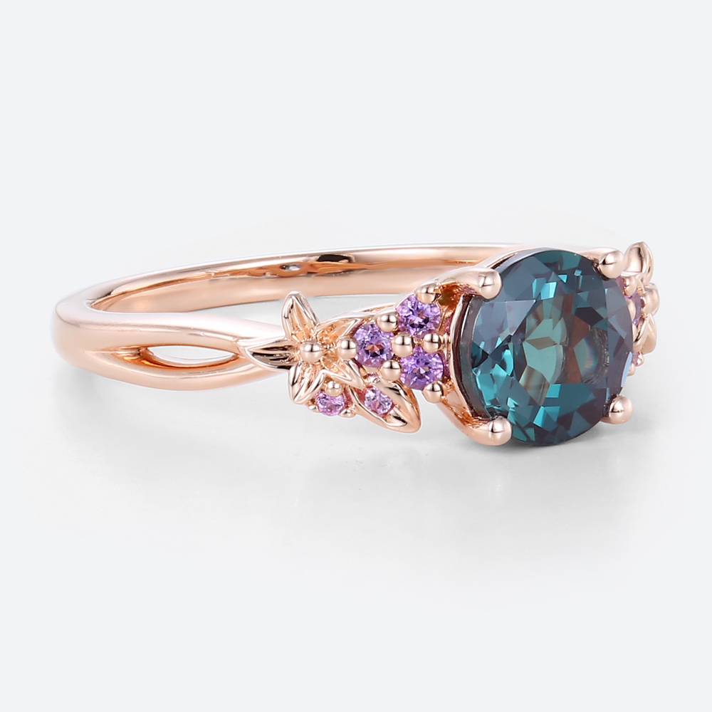 1.4ct Round Cut Lab Alexandrite Ring​ Amethyst Cluster Blossom Bridal Ring