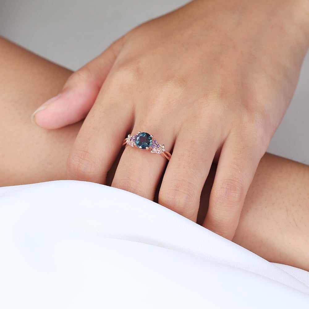 1.4ct Round Cut Lab Alexandrite Ring​ Amethyst Cluster Blossom Bridal Ring