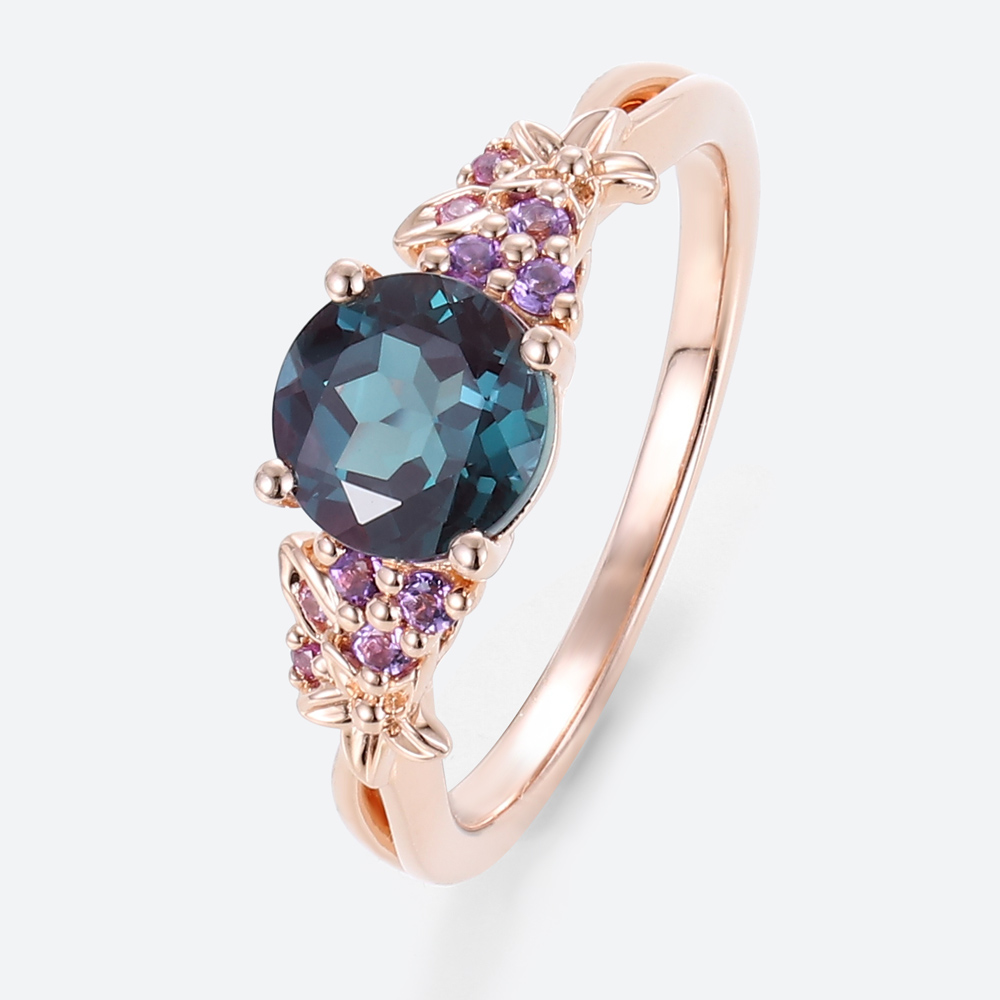 1.4ct Round Cut Lab Alexandrite Ring​ Amethyst Cluster Blossom Bridal Ring